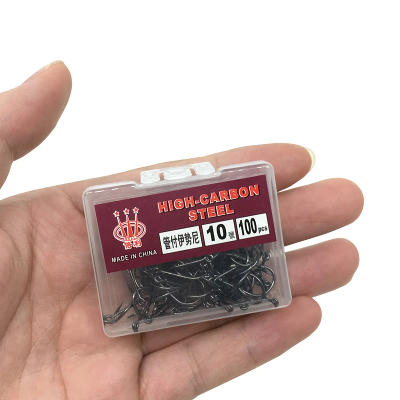 100枚盒装鱼钩带圈带孔管付伊势尼有倒刺海钓野钓江河湖泊钓钩