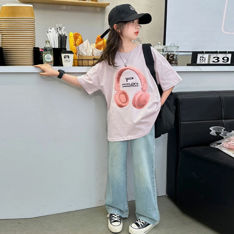 女童套装夏季2024新款中大童小女孩宽松印花t恤阔腿牛仔裤两件套
