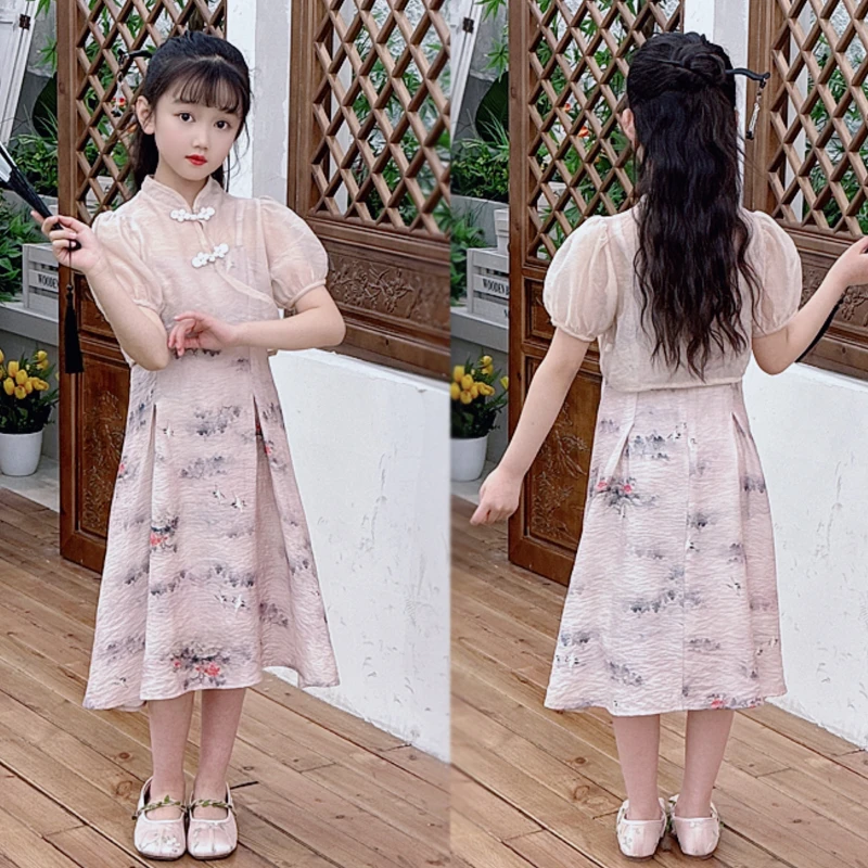 女童连衣裙套装夏季2024新款6-12岁15岁中大童新中式汉服旗袍裙子