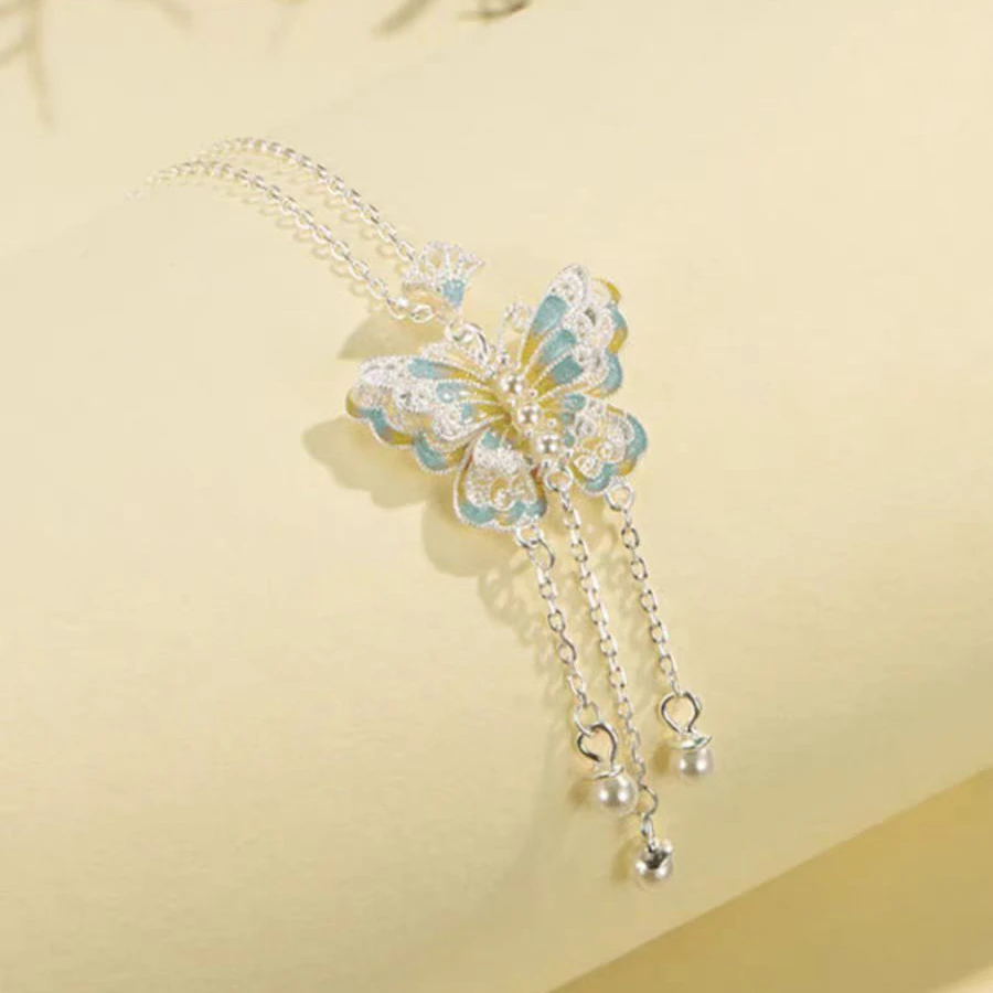坠链均足银 足银990珐琅双层青绿花丝蝴蝶项链流苏套链女送礼物