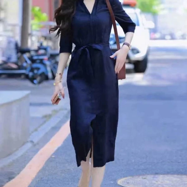 法式洋气轻奢夏季气质女装连衣裙2024夏季新款收腰系带显瘦开叉裙