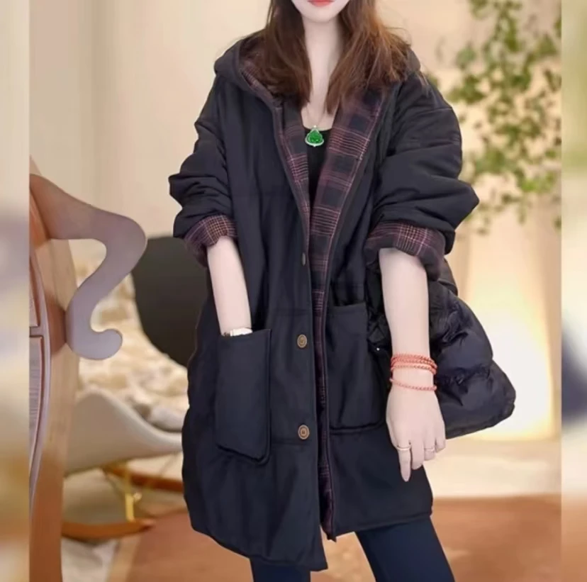 韩版宽松连帽棉服女外套时尚气质中长款秋冬保暖