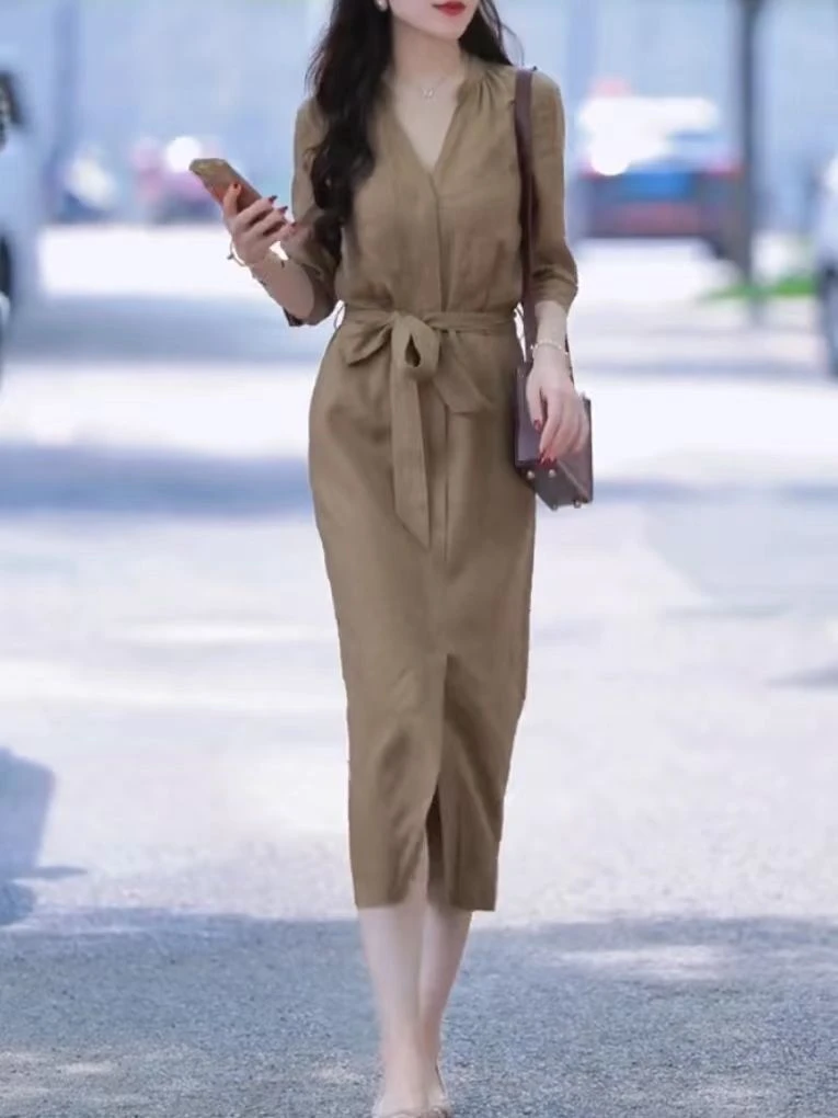 高级感宽松气质凉快女装长裙女2025年夏季新款V领系带连衣裙