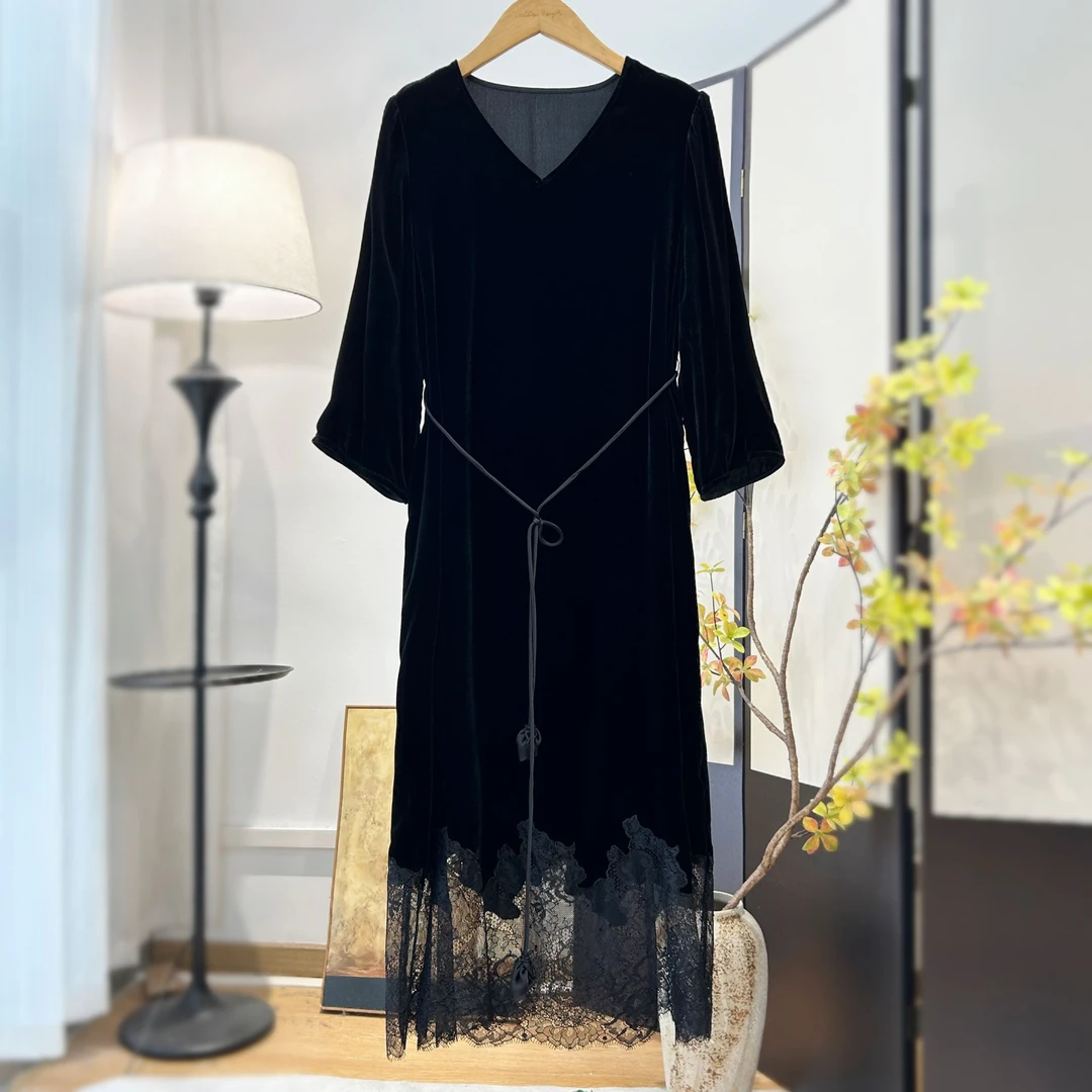 【萨拉迪恩】桑蚕丝丝绒蕾丝复古精致时尚显瘦优雅连衣裙秋冬裙宽松