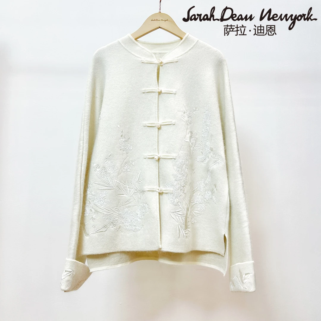 【萨拉迪恩】设计师新中式秋冬女士盘扣复古绣花气质针织衫毛衣
