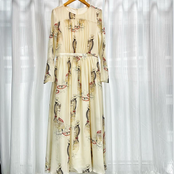 【萨拉迪恩】桑蚕丝大牌气质印花收腰女装连衣裙真丝长裙