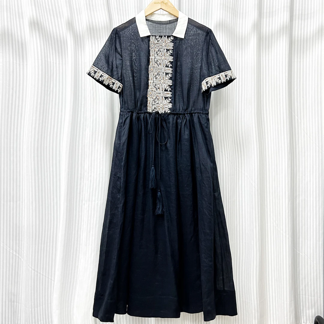 WF205556 苎麻气质时尚a字刺绣连衣裙百搭收腰显瘦洋气绣花长裙