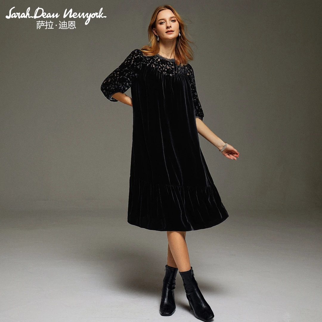 【萨拉迪恩】桑蚕丝丝绒拼接复古精致时尚显瘦优雅连衣裙秋冬裙收腰