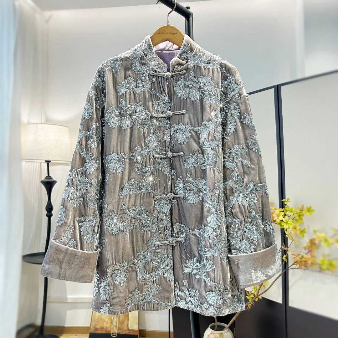 【萨拉迪恩】新中式气质高贵亮片大牌棉服外套复古宽松中国风提花