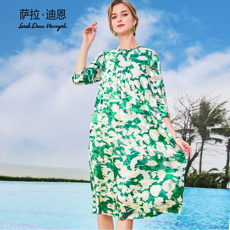 【萨拉迪恩】高端气质时尚女装妈妈装烧花连衣裙宽松