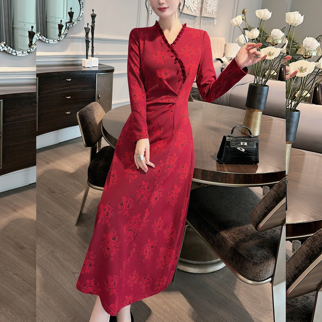 【萨拉迪恩】秋季气质红色高端复古修身收腰显瘦高端连衣裙
