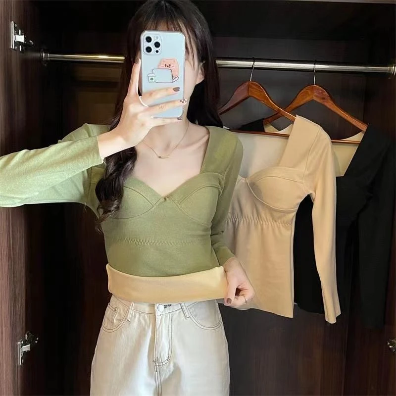 德绒带胸垫保暖无痕内衣长袖女自发热低领加绒加厚防寒打底上衣女