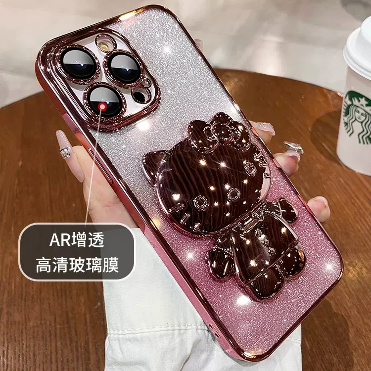 适用于苹果15ProMaxKT猫补妆镜支架16网红女款14镜头全包13保护套