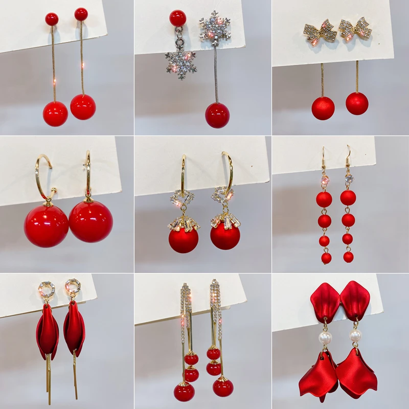 合金耳饰 红色系韩国耳钉网红流苏耳环耳饰高级感时尚百搭长款纯