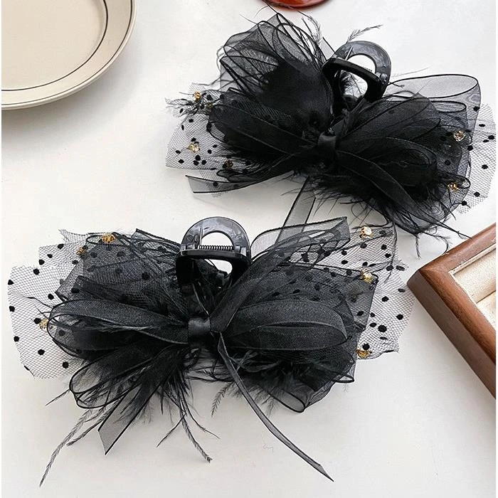 大号13双面羽毛发夹蝴蝶结抓夹网纱公主头显发量盘发半扎头饰