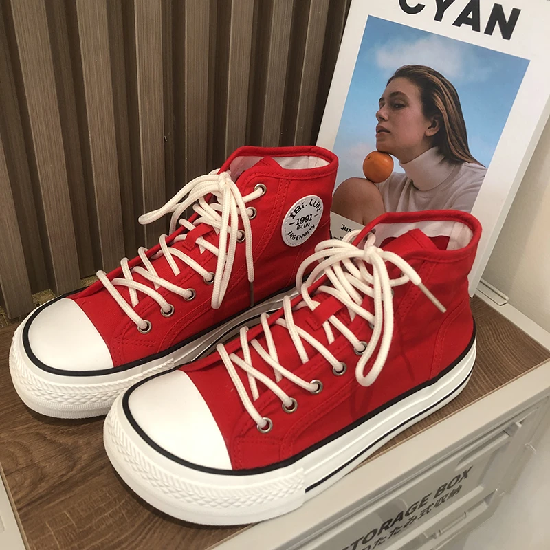 红色芒果头高帮帆布鞋女2023春夏季新款复古时尚潮流百搭休闲板鞋