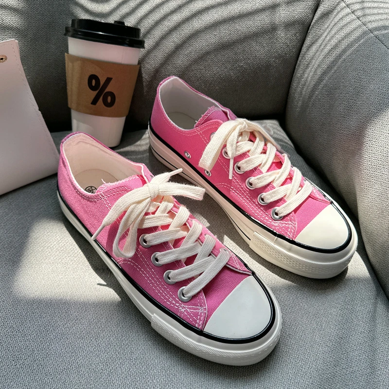 粉红色厚底帆布鞋女2023春夏新款百搭复古亮油学生低帮增高板鞋子