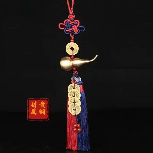 黄铜双色流苏大葫芦五帝手工编织铜葫芦中国结家居装饰挂件