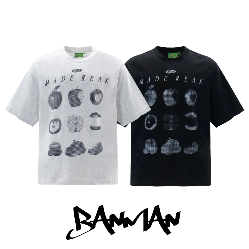 抽象苹果时间流逝300克纯棉重磅T恤夏季印花圆领男士宽松复古半袖