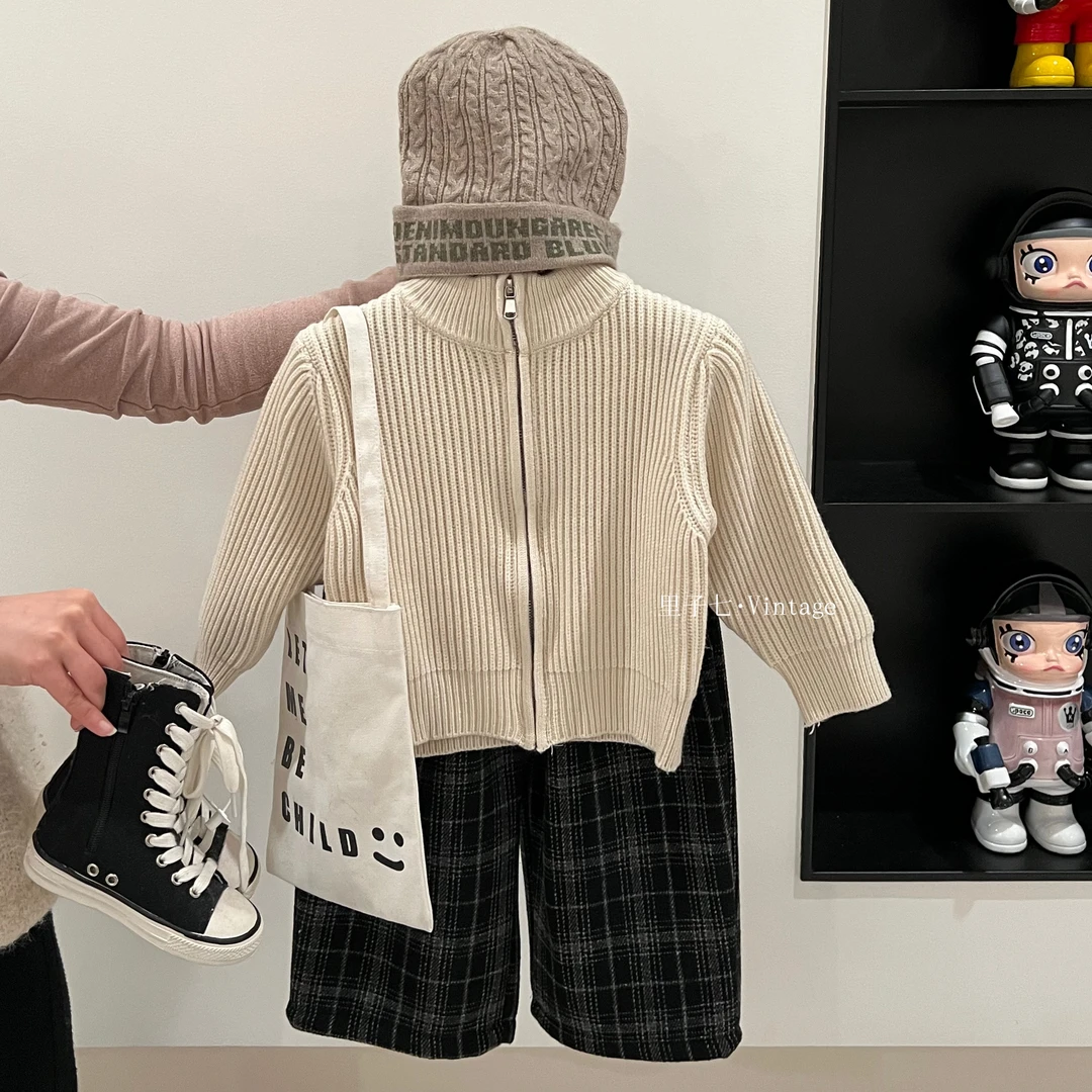 儿童套装2024新款韩版儿童秋款拉链开衫毛衣格子加绒裤