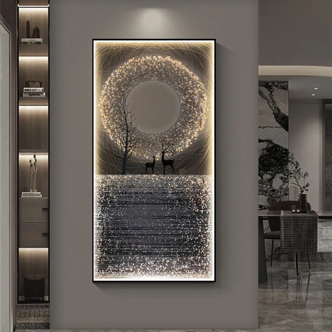 《鹿鸣春涧》玄关装饰画led灯麋鹿轻奢现代晶瓷镶钻走廊过道壁挂画