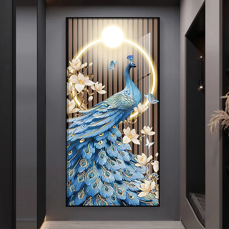 孔雀玄关装饰画新中式轻奢壁画品质走廊过道挂画灯光画镶钻装饰画
