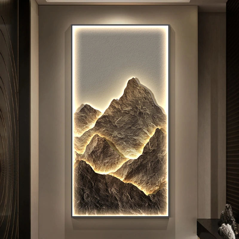 《背靠金山》玄关装饰画现代轻奢入户发光灯画高级走廊过道山水挂画