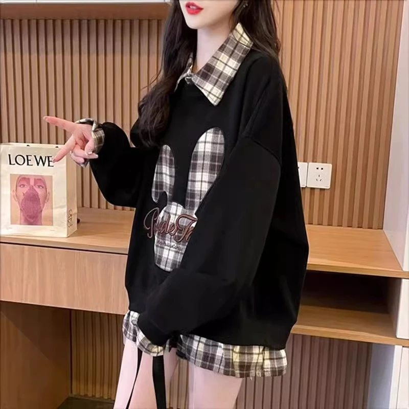 格子拼接假两件卫衣女薄款春秋季2025新款韩版宽松大码设计感上衣