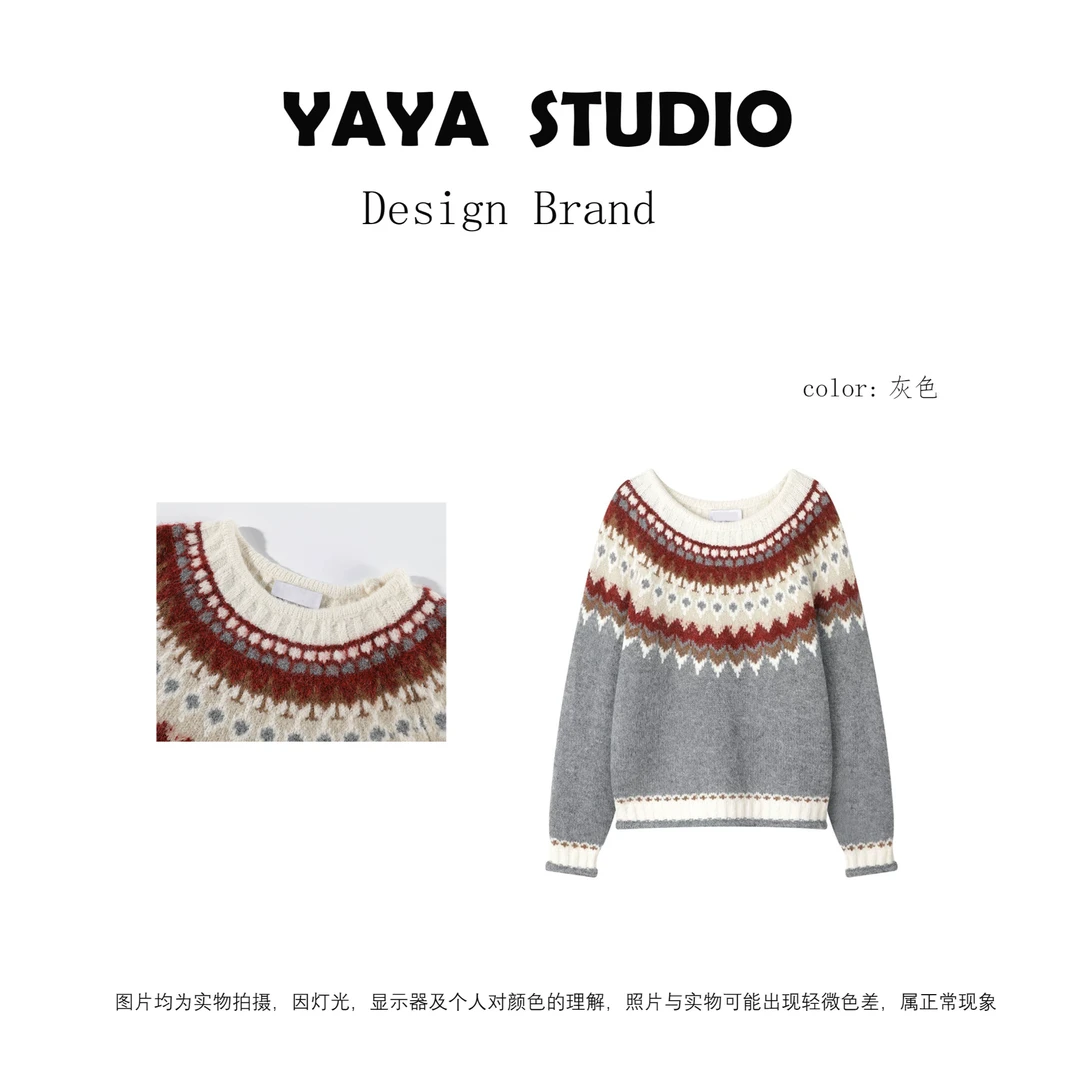 韩版圣诞费尔岛套头毛衣女2024秋冬季新款宽松软糯针织衫上衣