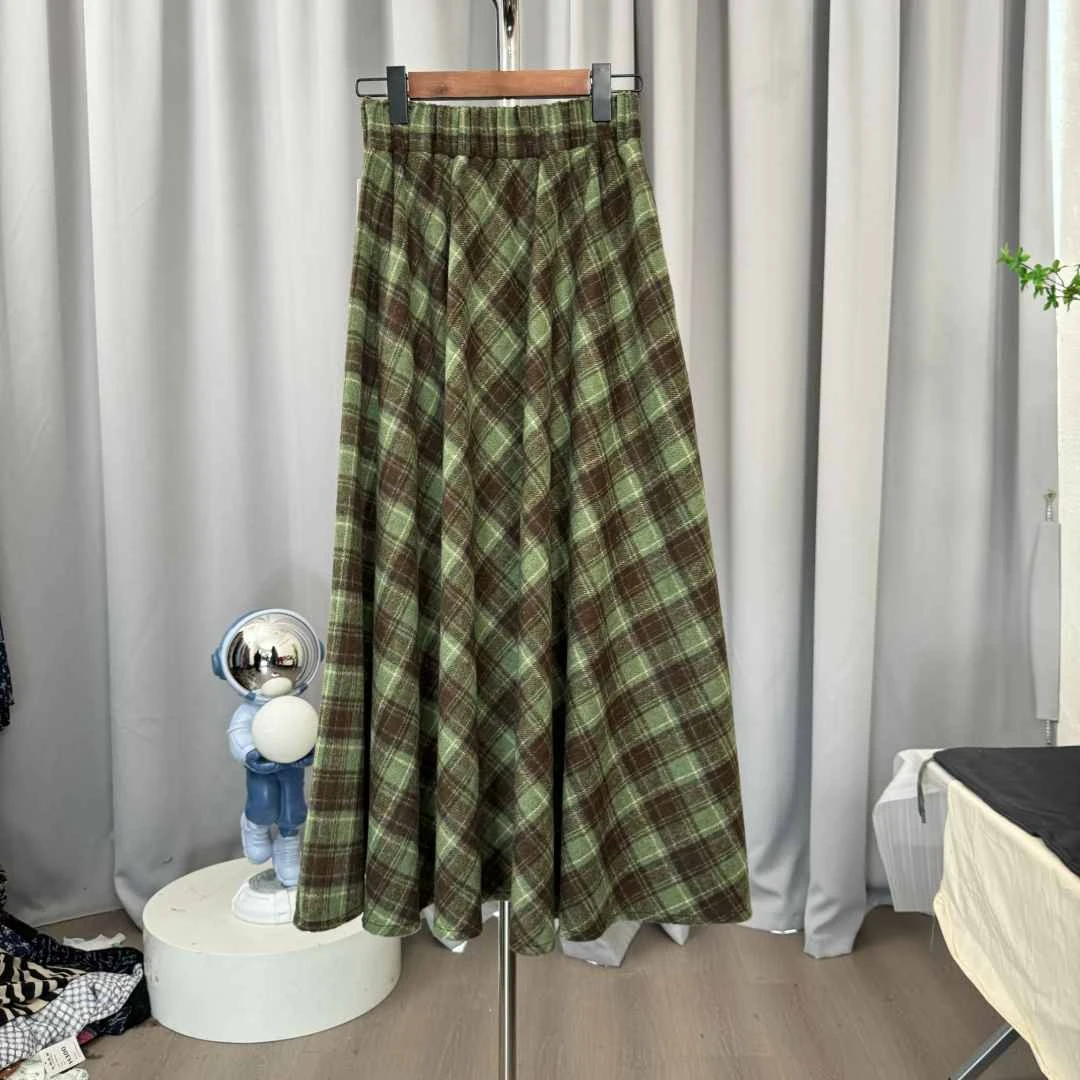 【慧】大摆毛呢高腰格子复古百搭中长裙半身裙女2025秋冬新款018