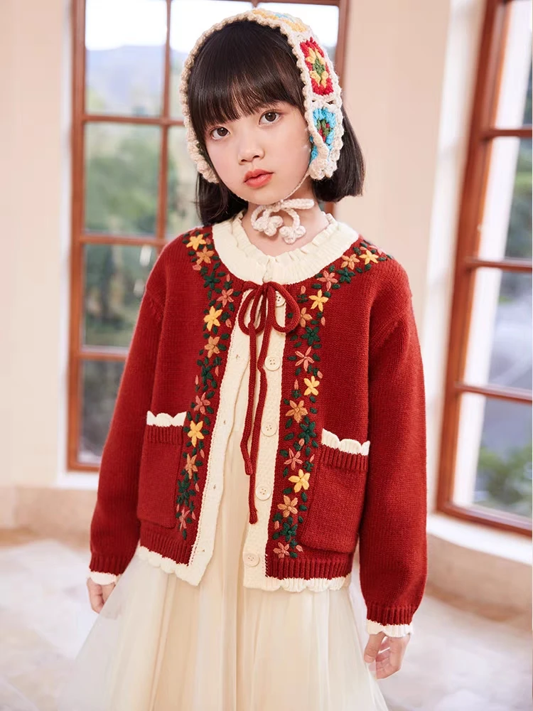 女童精致绣花女童针织开衫森系毛衣