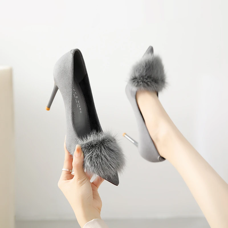 2024秋冬新款毛毛细跟尖头时尚百搭气质水貂毛职业性感浅口高跟鞋