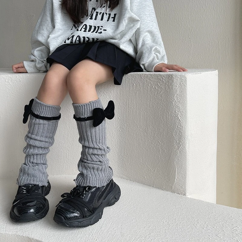 洋气秋冬新品面包蝴蝶结撞色植绒边可爱女儿童宝宝针织袜套女