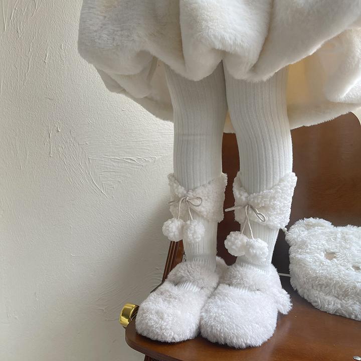 冬季新品可爱羊羔绒毛球宽条棉加厚加绒女儿童宝宝学生打底复合裤