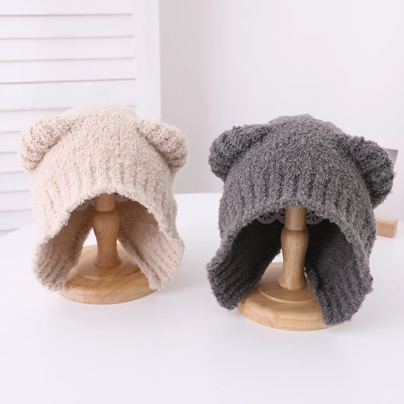 可爱小熊帽子女冬天新款百搭保暖毛线帽2022爆款毛绒加绒针织帽