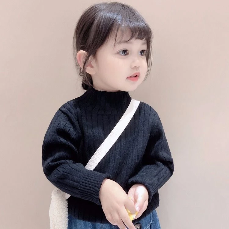 男童女童毛衣加绒加厚儿童秋冬韩版半高领纯色套头上衣童装打底衫