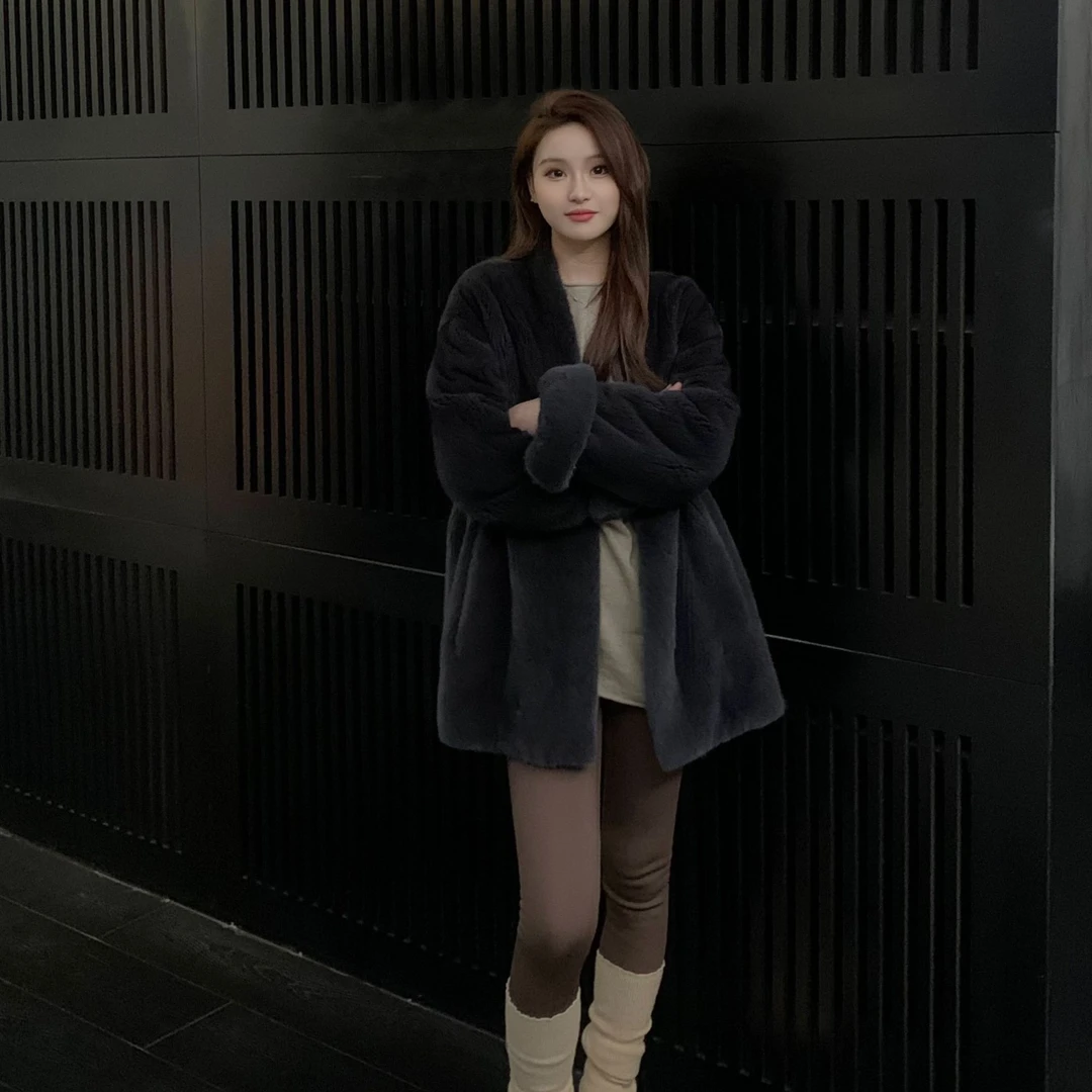 【嘟嘟】2024冬季新款轻奢进口水貂外套中长款韩版女22250