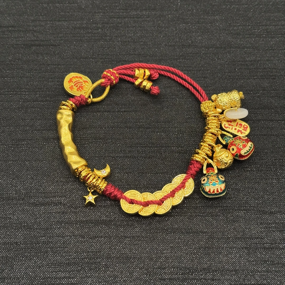 铜合金手链 韦雪同款铜合金珐琅彩扎基拉姆称心如意盘缠嘎红绳