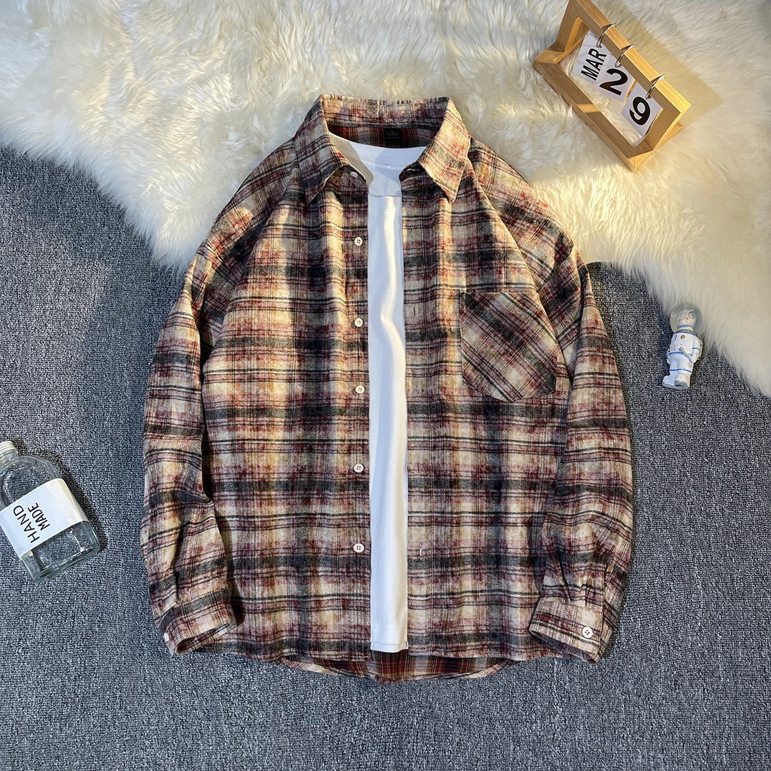 春秋新款长袖衬衫男学生潮流宽松扎染衬衣设计感港风复古休闲外套