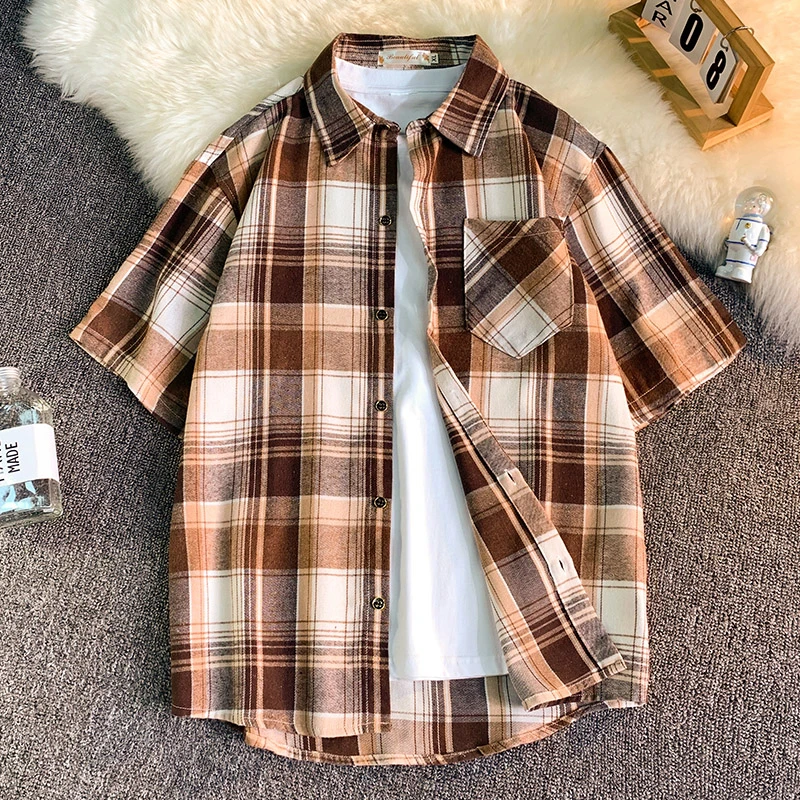 格子短袖衬衫男夏季宽松大码少年感休闲薄款外套韩版百搭半袖衬衣