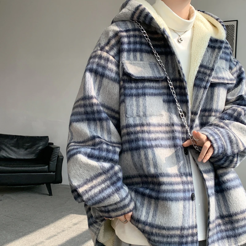 秋冬季夹棉连帽毛呢格子毛呢保暖加厚外套夹克大衣男男士休闲情侣