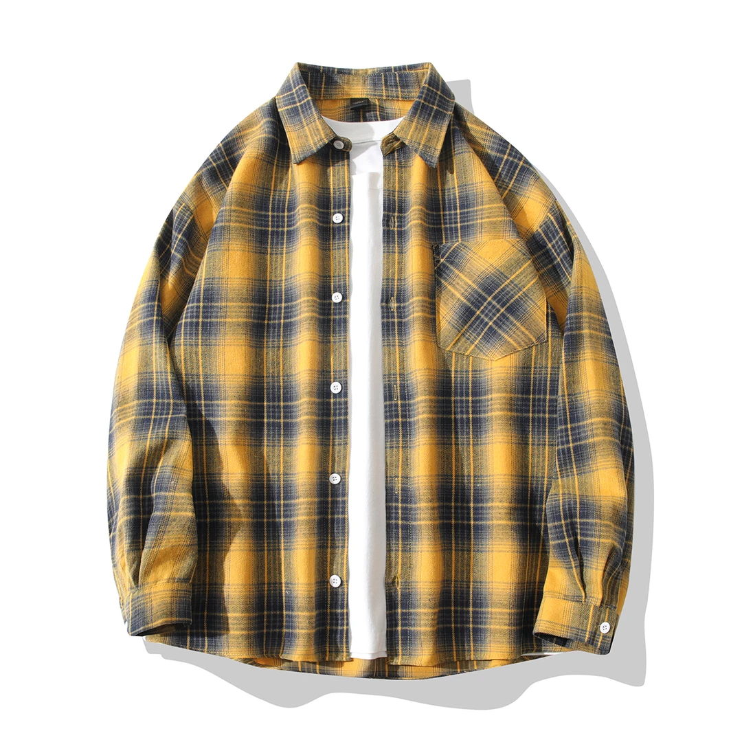 春秋美式复古格子长袖衬衫男情侣潮牌宽松百搭衬衣服学生休闲外套