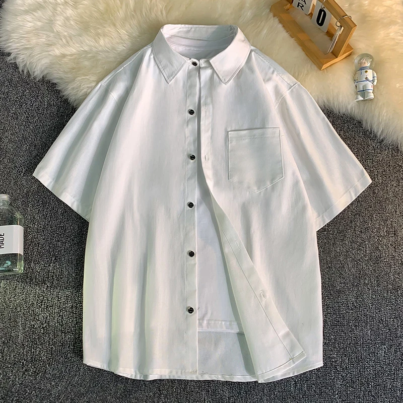 短袖衬衫男士日系复古休闲工装衬衣夏季潮牌宽松大码情侣纯色外套