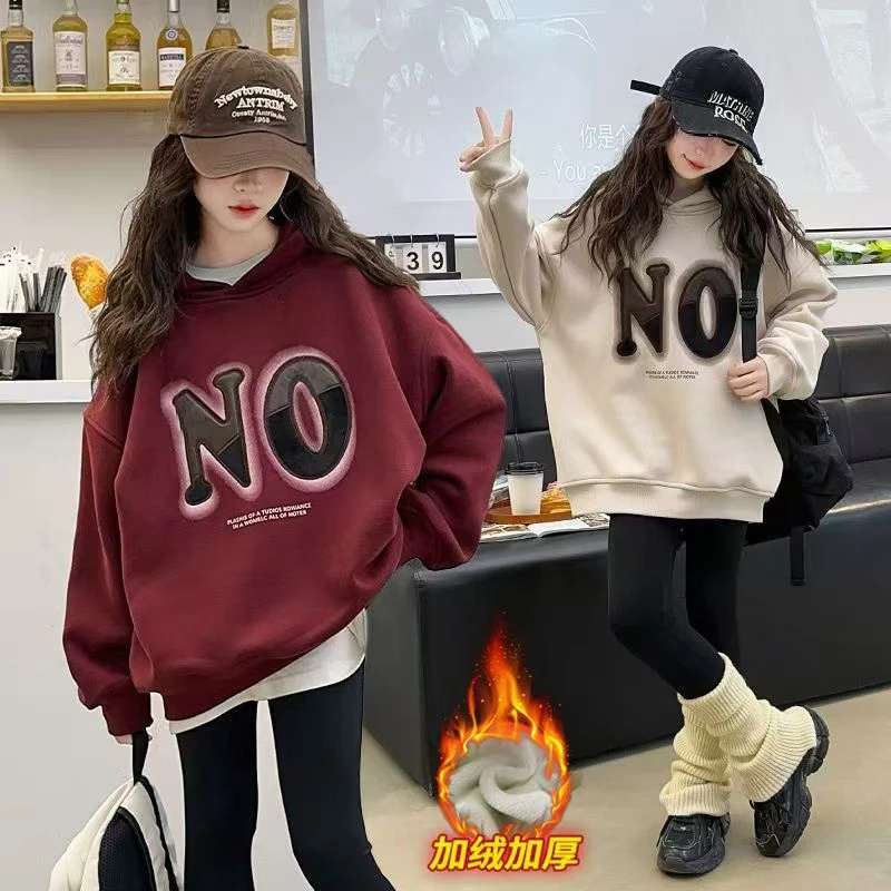 女童加绒卫衣秋冬款2024新款中大童洋气连帽衣服儿童加厚长袖上衣