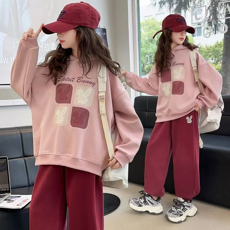 女童安可拉红套装秋季萌娃穿搭中大童连帽卫衣休闲运动两件套带帽