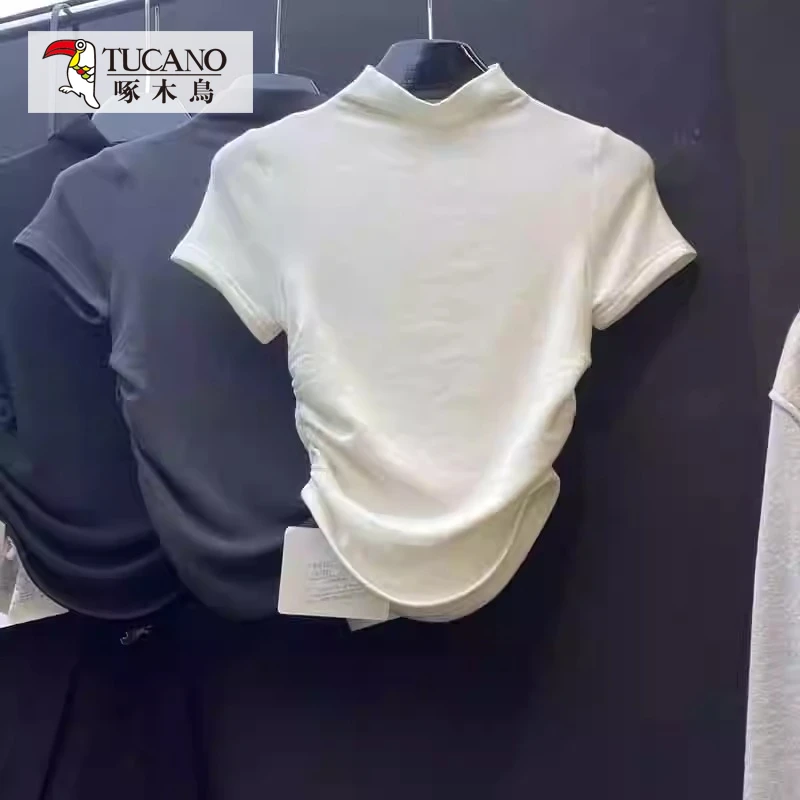 啄木鸟JS纯色半高领短袖T恤女夏新款紧身正肩打底衫辣妹纯欲上衣