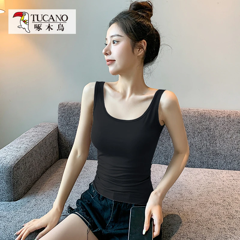 啄木鸟JS人棉U领吊带打底背心女内搭春夏季修身显瘦打底百搭上衣