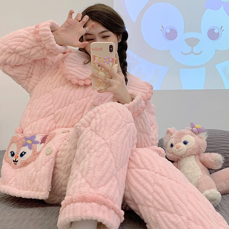 冬季细毛绒保暖女士睡衣三层夹棉加绒加厚法兰绒爆款家居服可外穿