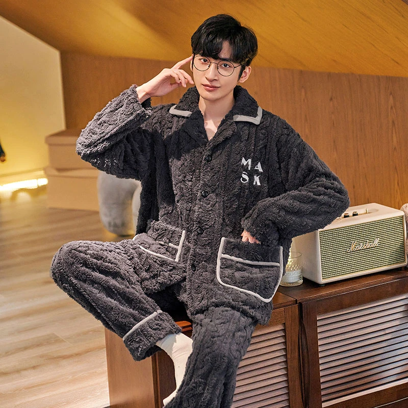 【编号R101~R199】秋冬季男士珊瑚绒保暖睡衣家居服套装