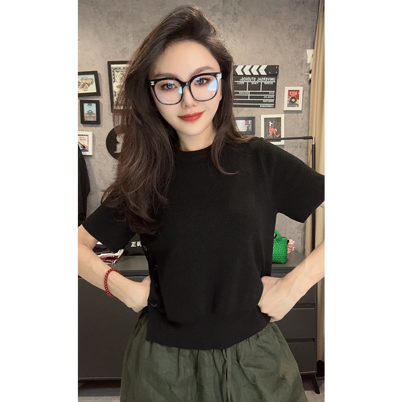 2024新款毛衣修身显瘦时尚百搭夏季黑色圆领毛衣内搭可外穿上衣